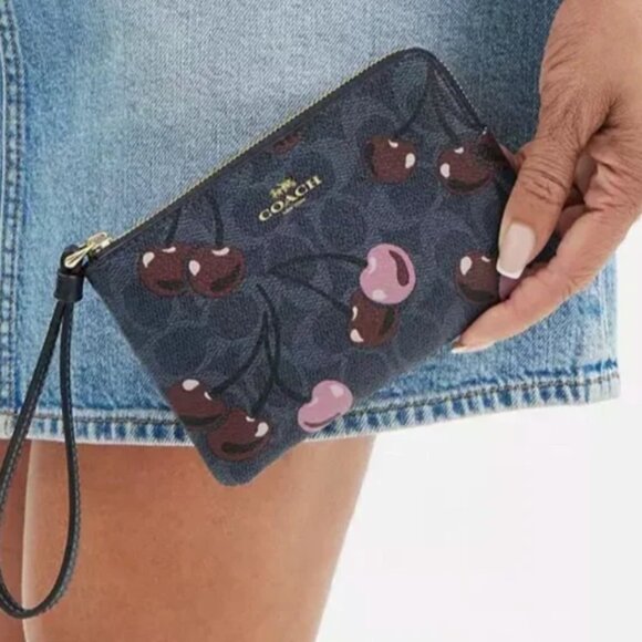 COACH Denim Multi Signature Canvas with Cherry Print Corner Zip Wristlet NWT - Picture 2 of 8